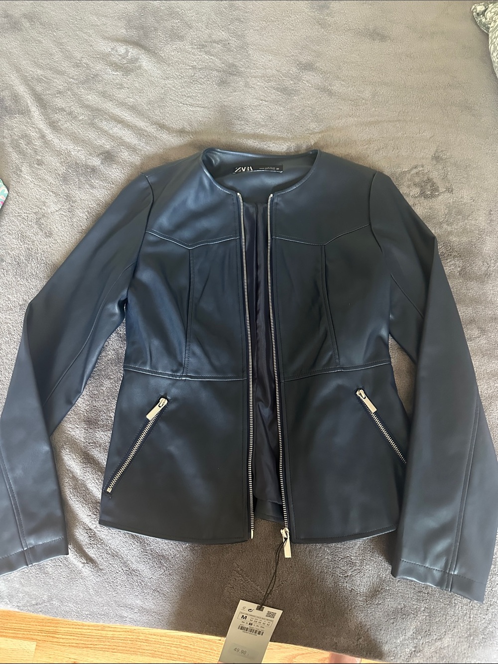 Zara Navy Blue Faux Leather Collarless Zip Jacket
